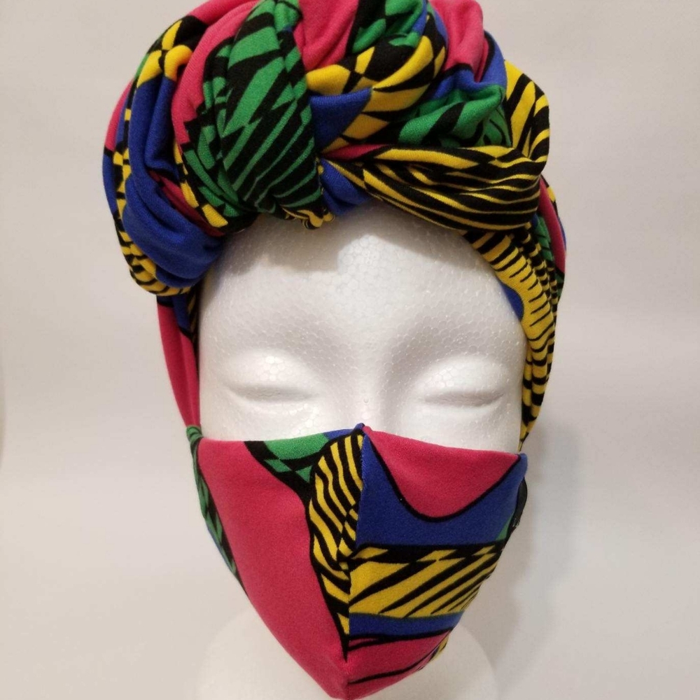 Senzo African Print Turban & Mask Set in Fuchsia
